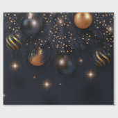 松の枝、黒のクリスマスボール ラッピングペーパー (フラット)