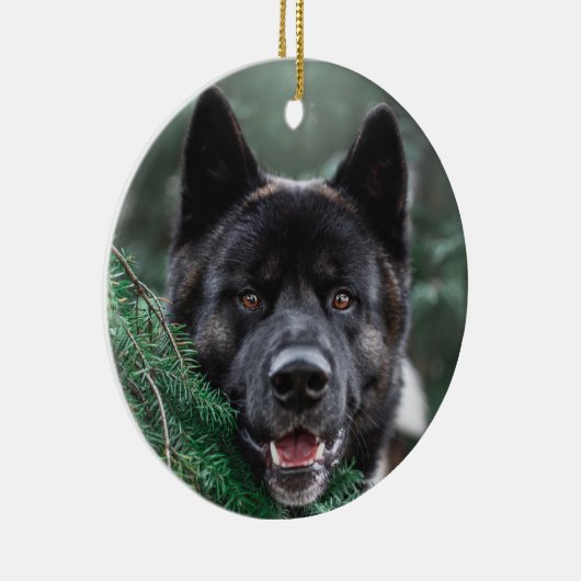 松の森のクリスマスに訪れる秋田犬 セラミックオーナメント (右)