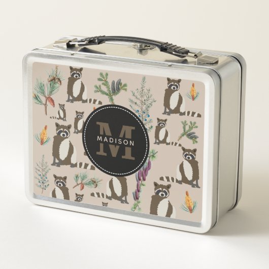 松の森の中のかわいいアライグマ模様モノグラム メタルランチボックス (裏面)