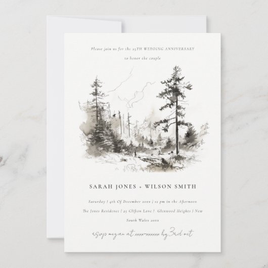 松の森の風景の結婚スケッチ記念日 招待状 (正面)