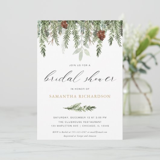 松の樹園の素朴な冬のブライダルシャワー 招待状 (スタンド正面)