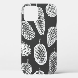 松の球形の手描きの継ぎ目のない模様。植物学の iPhone 12ケース