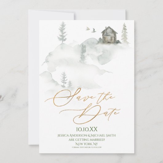 松の素朴森の水彩が日付を救う 招待状 (正面)