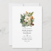 松の緑とソフトブラウンの花柄の冬の結婚式 招待状 (正面)