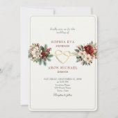 松の緑と赤の冬の結婚式 招待状 (正面)