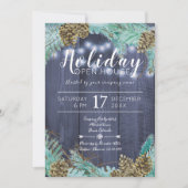 松の緑の枝とコーンのホリデーオープンハウス 招待状 (正面)