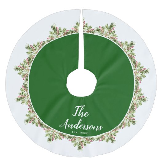 松の葉と果実ファミリークリスマス ブラッシュドポリエステルツリースカート (正面)