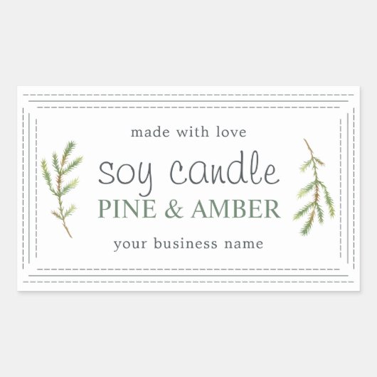 松の葉の手作りソイキャンドルラベル 白のミニマル 長方形シール (正面)