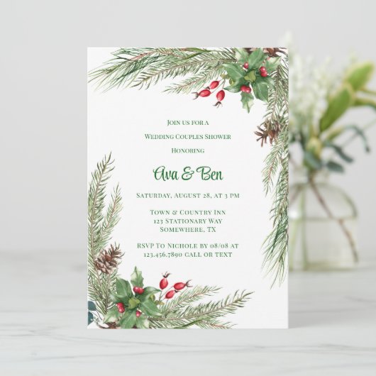 松の葉レッドベリー結婚のカップルのシャワー 招待状 (スタンド正面)