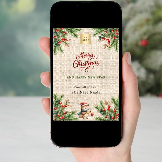 松の赤い果実のバーラップフクロウのビジネスクリスマス シーズンカード