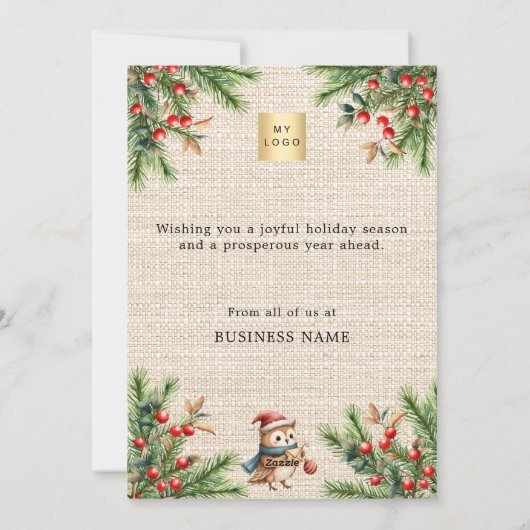 松の赤い果実のバーラップフクロウのビジネスクリスマス シーズンカード (裏面)