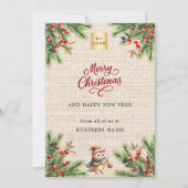 松の赤い果実のバーラップフクロウのビジネスクリスマス シーズンカード (正面)