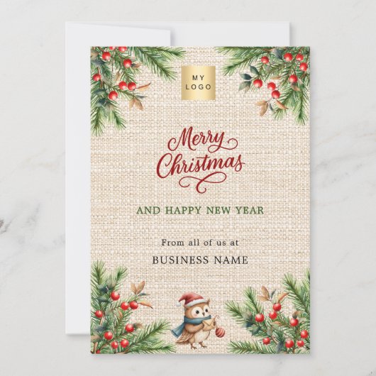 松の赤い果実のバーラップフクロウのビジネスクリスマス シーズンカード (正面)