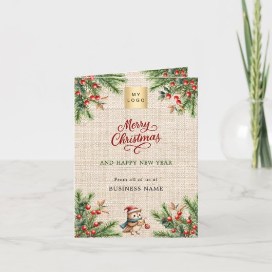 松の赤い果実の黄麻写真ビジネスのクリスマス シーズンカード (正面)