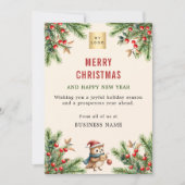 松の赤い果実ベージュフクロウビジネスロゴクリスマス シーズンカード (正面)