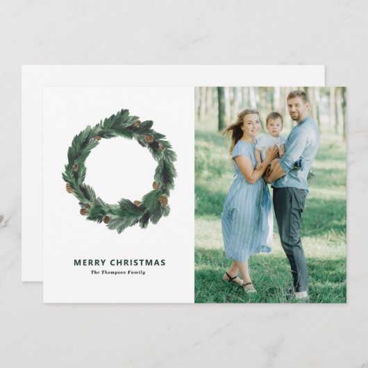 松の針と松のコーンリース写真クリスマス シーズンカード (正面/裏面)