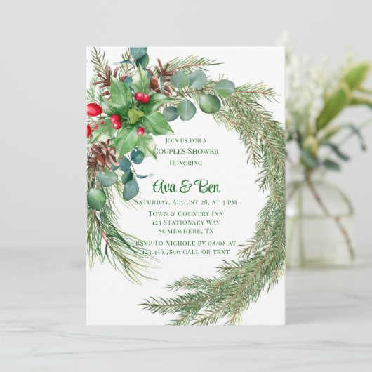 松の針赤ベリークリスマスカップルのシャワー 招待状 (スタンド正面)
