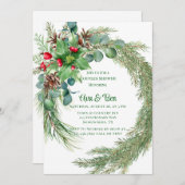 松の針赤ベリークリスマスカップルのシャワー 招待状 (正面/裏面)