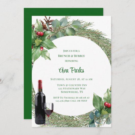 松の針赤ベリークリスマスブランチとバブリー 招待状 (正面/裏面)