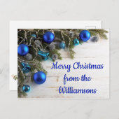 松の針、コーンと青いオーナメントクリスマス ポストカード (正面/裏面)