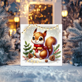 松ぼっくりとフェアリー ライトのいるかわいいリス シーズンカード