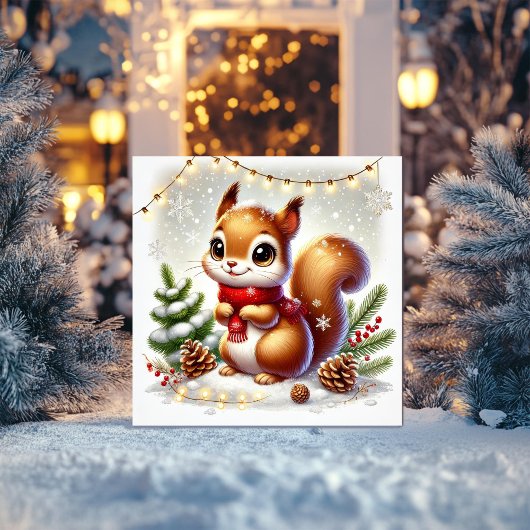 松ぼっくりとフェアリー ライトの優しいリス シーズンカード