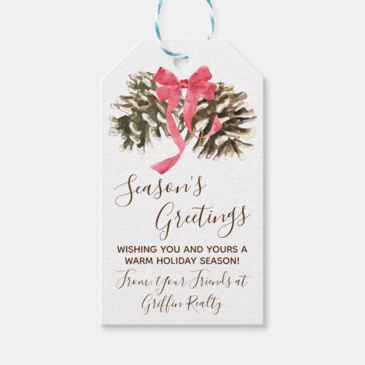松ぼっくりとリボン、冬、休暇、クリスマス ギフトタグ (正面)