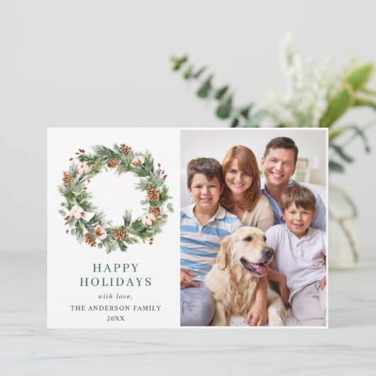 松ぼっくりと松の木のリースのクリスマスグリーティング写真 シーズンカード (スタンド正面)