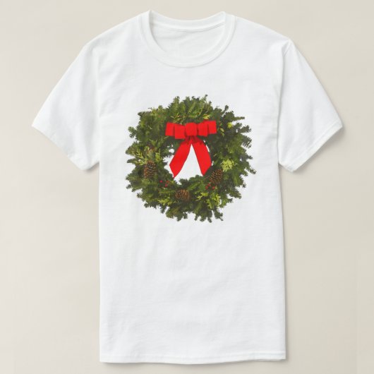 松ぼっくりと赤いリボンのクリスマスリース Tシャツ (デザイン正面)