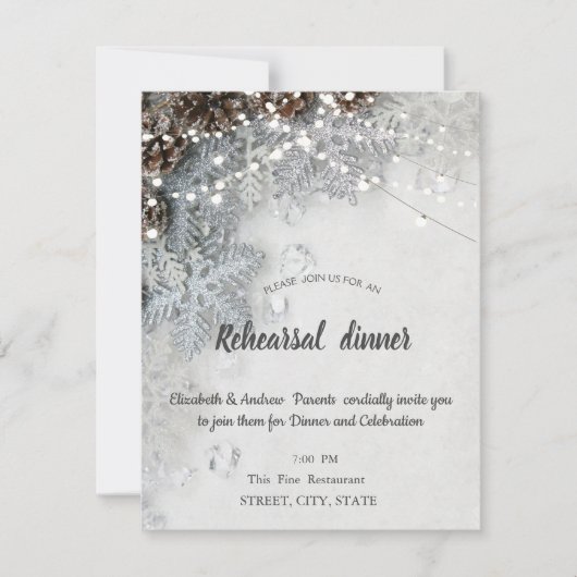 松ぼっくりと雪の結晶のリハーサルディナー 招待状 (正面)