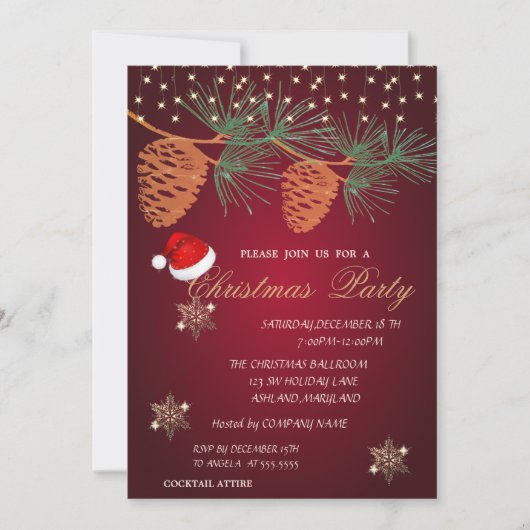 松ぼっくりと雪の結晶の赤いクリスマス企業イメージ 招待状 (正面)