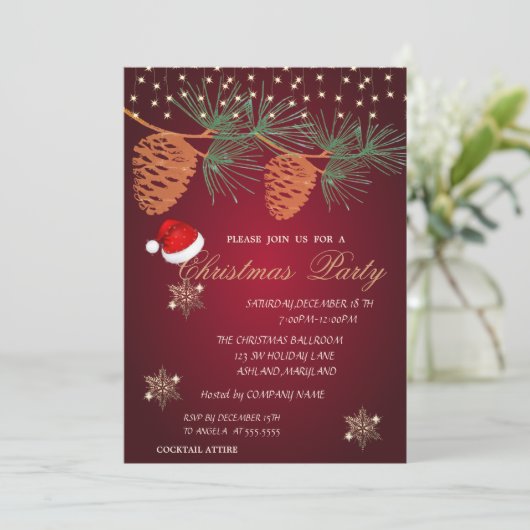 松ぼっくりと雪の結晶の赤いクリスマス企業イメージ 招待状 (スタンド正面)