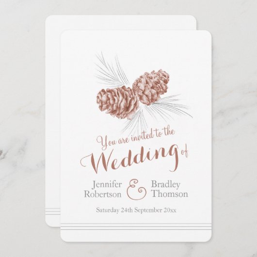 松ぼっくりアートの茶色の冬の結婚式招待状 招待状 (正面/裏面)