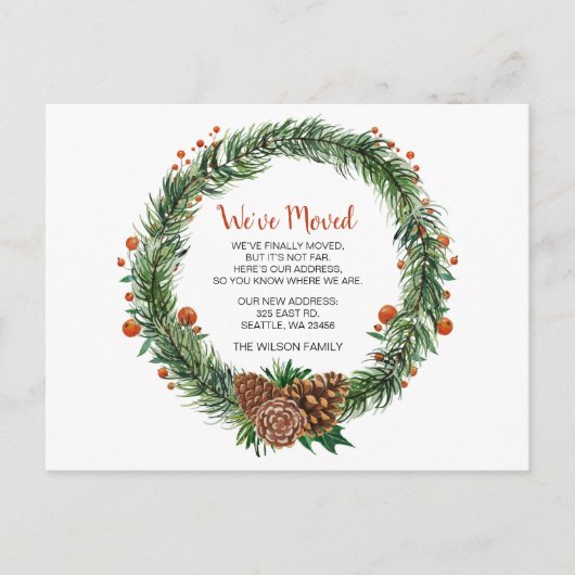 松ぼっくりリースのクリスマスお知らせ - 移動しました ポストカード (正面)