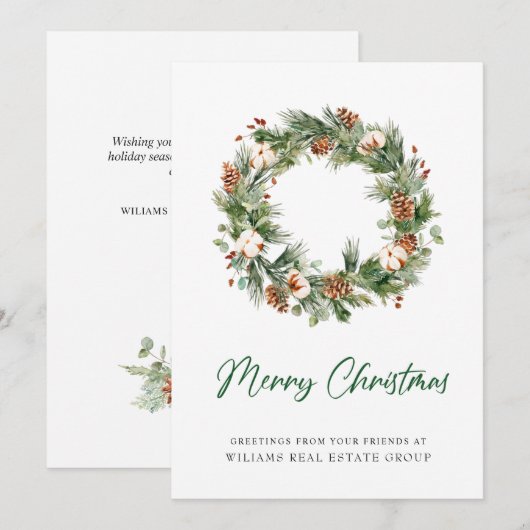 松ぼっくりリースのクリスマス企業イメージ シーズンカード (正面/裏面)