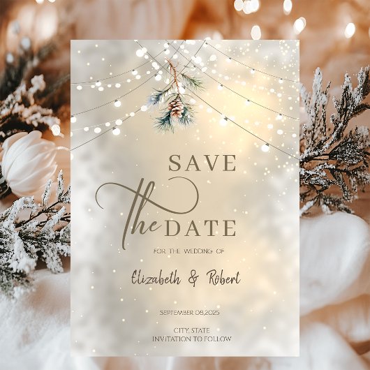 松ぼっくり＋ストリングライト 冬の結婚式 Save The Date セーブザデート