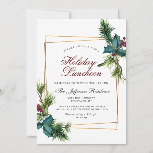 松ぼっくり ホーリー フレーム クリスマス ホリデー ランチョン 招待状 (正面)