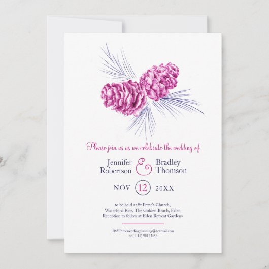 松コーンスケッチアートブループラム冬の結婚式 招待状 (正面)