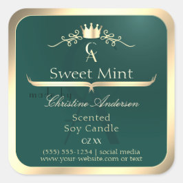 松ティール(緑がかった色)製品ラベルと金ゴールド枠モノグラム スクエアシール