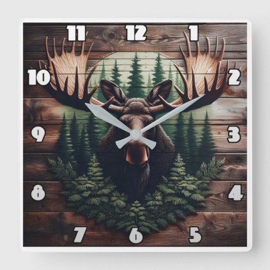 松威厳のあるの木に囲まれたムースの芸術 スクエア壁時計 (正面)