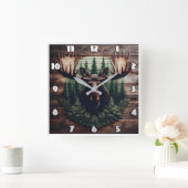 松威厳のあるの木に囲まれたムースの芸術 スクエア壁時計 (ホーム)