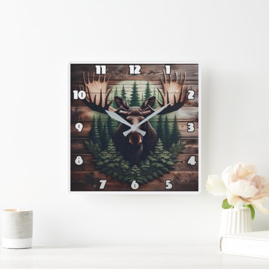 松威厳のあるの木に囲まれたムースの芸術 スクエア壁時計 (ホーム)