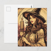 松明を持つ若い魔女、ヴィンテージ・ハロウィン ポストカード (正面/裏面)