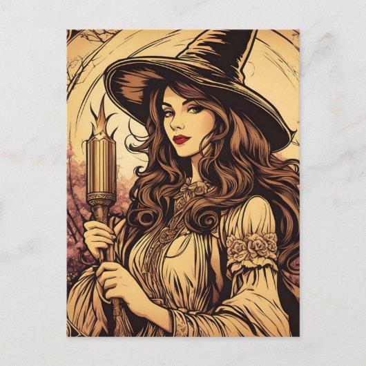 松明を持つ若い魔女、ヴィンテージ・ハロウィン ポストカード (正面)
