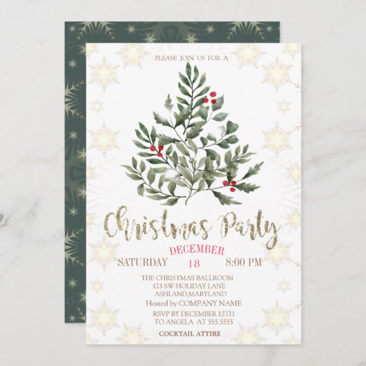 松木の枝の雪の結晶クリスマスパーティー 招待状 (正面/裏面)