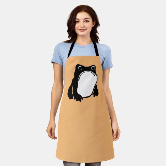 松本ほじ日本の寺Grumpy Frogスケッチアート エプロン (着用した状態)