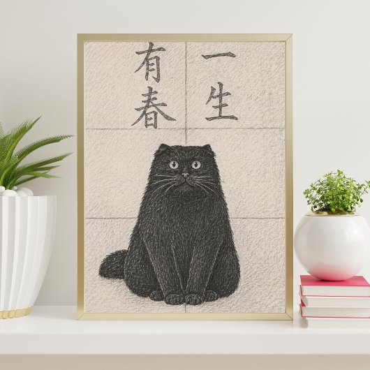 松本芳翠風日本黒猫アートプリント ポスター