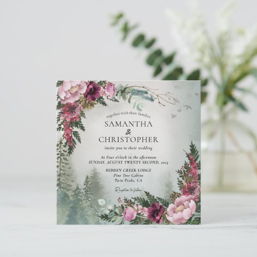 松林のほとりで咲くダスティーローズの水彩画のようなウェディング 招待状 (スタンド正面)