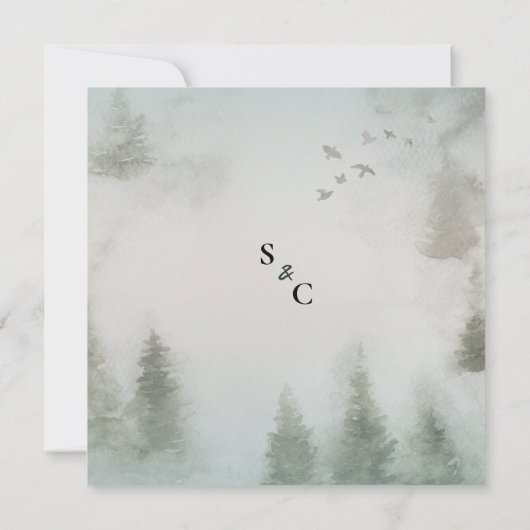 松林のほとりで咲くダスティーローズの水彩画のようなウェディング 招待状 (裏面)