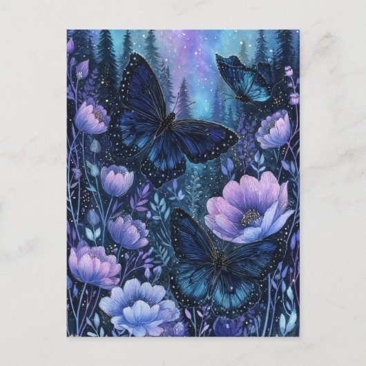 松林の夜空に舞うネイビーブルーの蝶 ポストカード (正面)